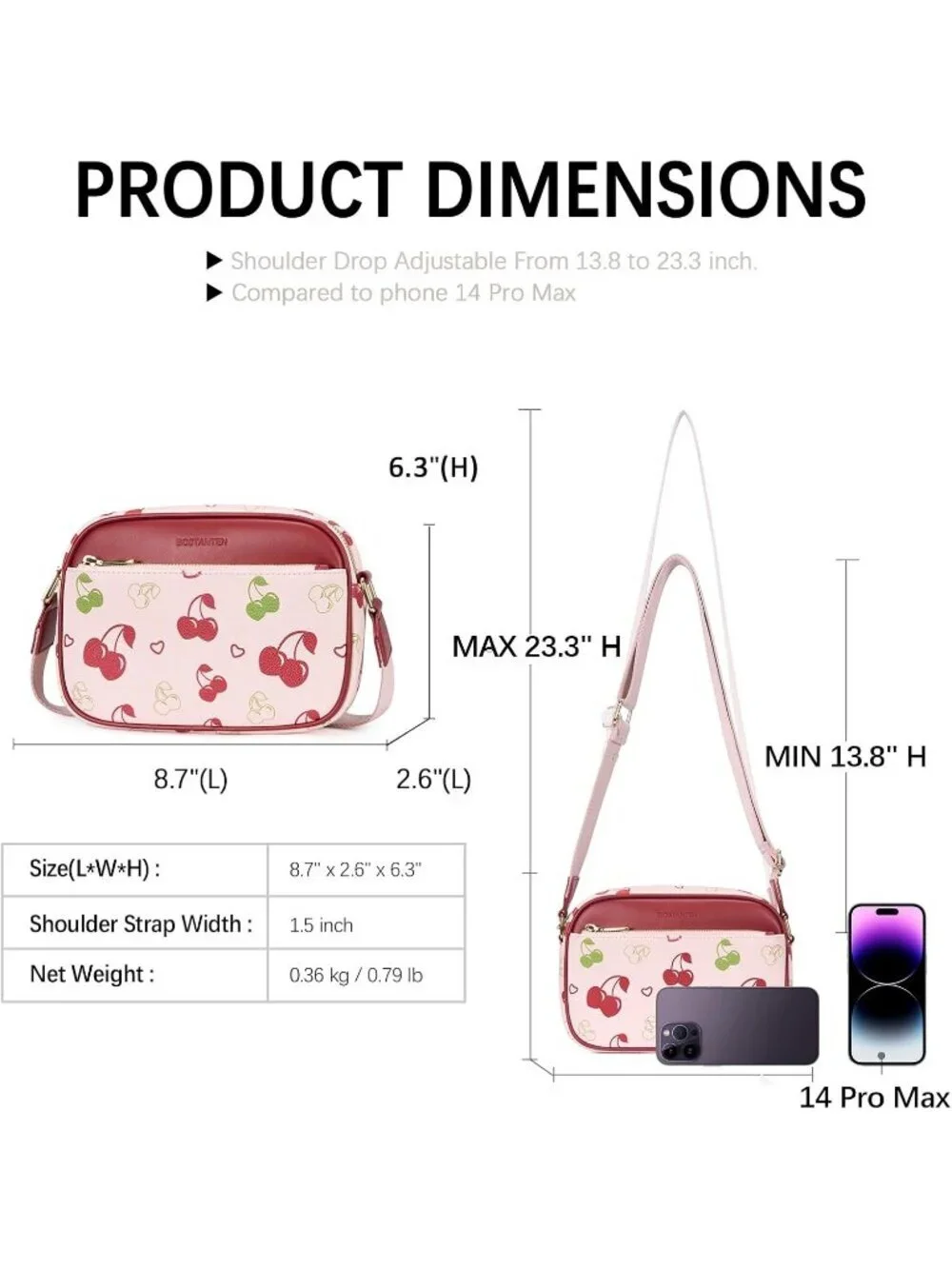 Women's Cherry Leather Crossbody Purses Shoulder Handbags with Wide Strap